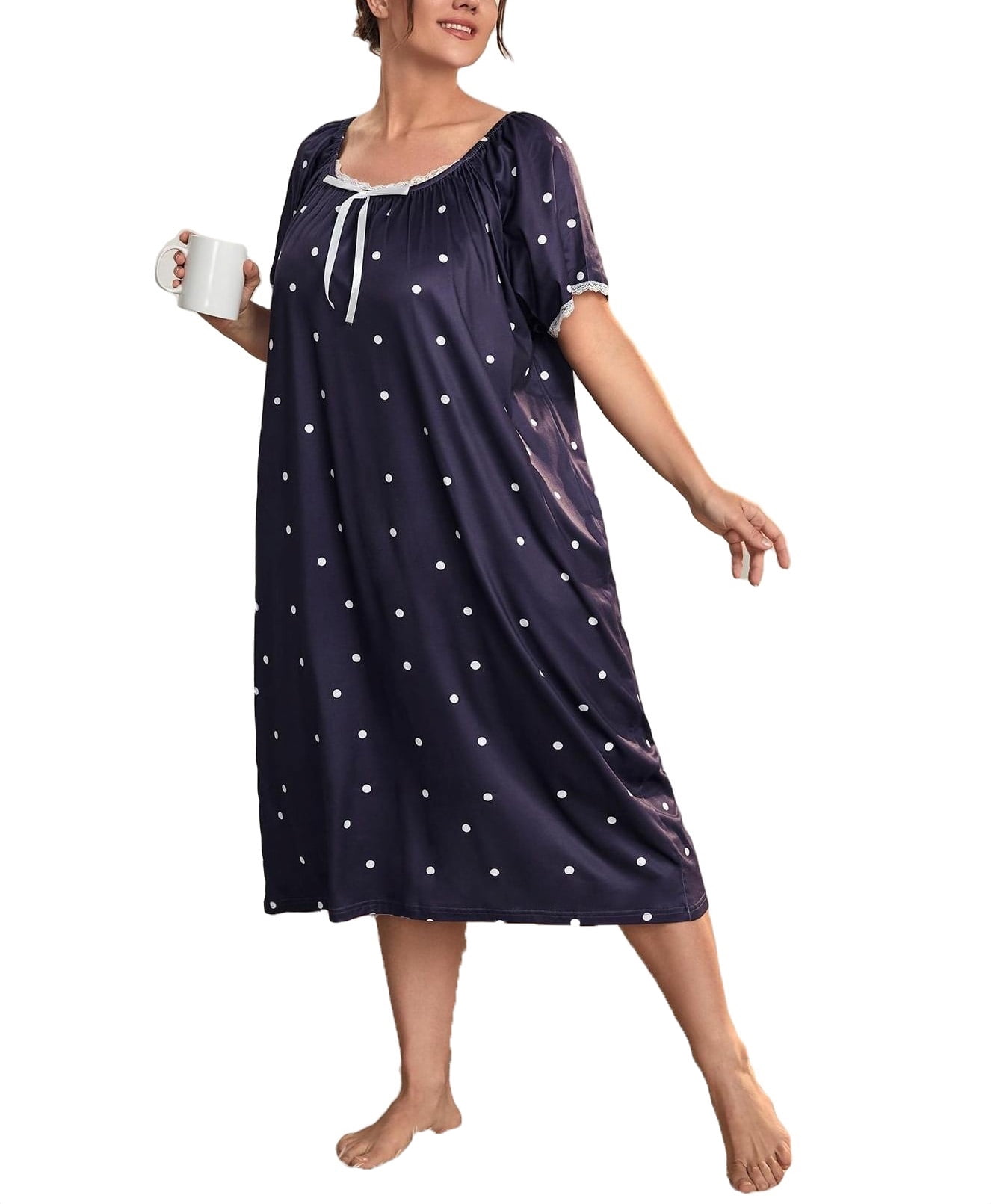 Purple Cute Polka Dot Scoop Neck Nightgowns Short Sleeve Plus Size