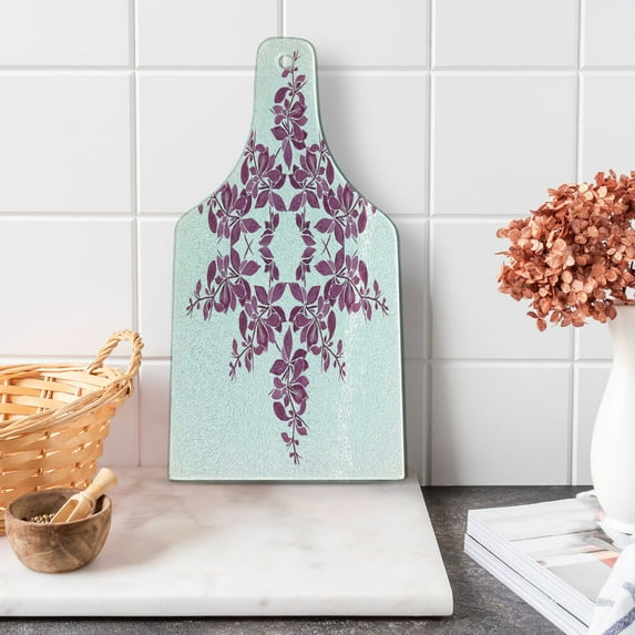 Purple Cutting Board, Autumn Vine Bridal Flower Bouquet Vintage Style Circle of Leaves Laurel Wreath, Tempered Glass Cutting and Serving Board, Wine Bottle Shape, Violet White, by Ambesonne