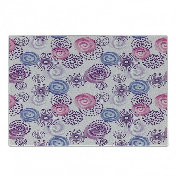 Purple Cutting Board, Watercolor Style Floral Fireworks Blooming Flowers Abstract Spiral Doodle Spots Art, Decorative Tempered Glass Cutting and Serving Board, Small Size, Blue Pink, by Ambesonne