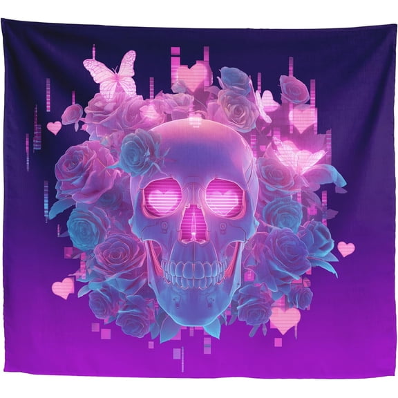 Purple Cyberpunk Skull Tapestry - Neon Glitch Heart & Rose Butterfly View, Vaporwave Y2K Gamer Aesthetic, Cute Pink Purple Wall Art for Bedroom Dorm Streamer Background (50x60)