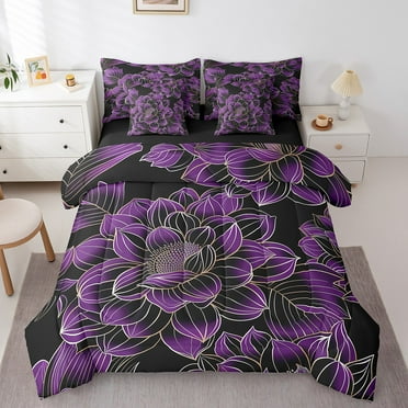 Purple Dahlia Comforter Set 7 Piece Bed in a Bag Twin,Abstract Lotus Flowers Sheet Set with Comforter Boho Floral Bedding Sets,Aesthetic Plant Bed Set Bohemian Rustic Home Decor
