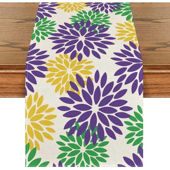 Purple Dahlia Floral Pinnata Mardi Gras Table Runner, Carnival Seasonal Kitchen Dining Table Decoration for Home Party Decor 13x72 Inch