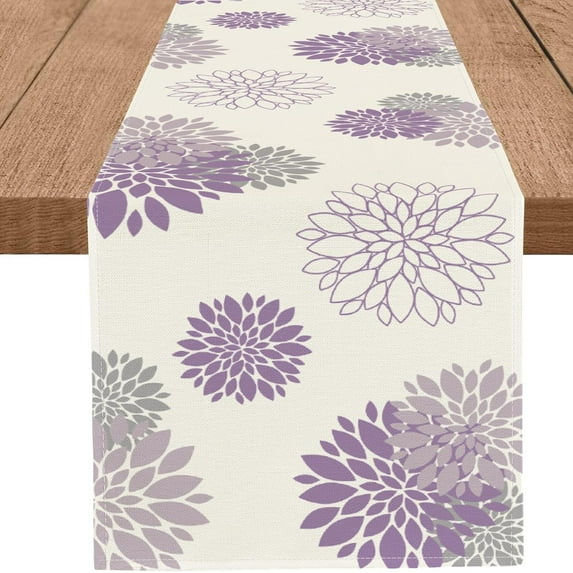 Purple Dahlia Table Runner Modern Elegant Flower Beige Table Runners Geometric Pompon Farmhouse Coffee Table Center Decor for Home Kitchen Dining Party Indoor Outdoor (13x36 Inch)