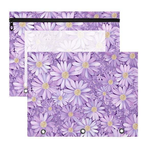Purple Daisies 3-Ring Binder Pouches A4 Size Zipper Pocket File Storage 2 Packs