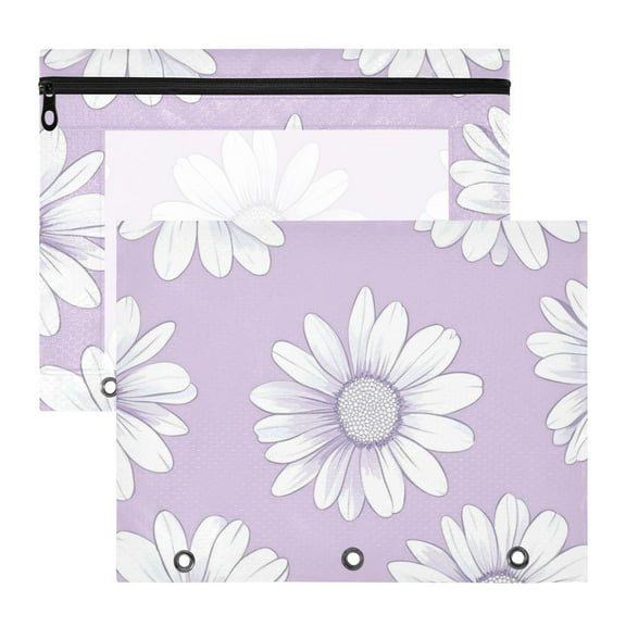 Purple Daisies Cute 3-Ring Binder Pouches A4 Size Zipper Pocket File Storage 2 Packs