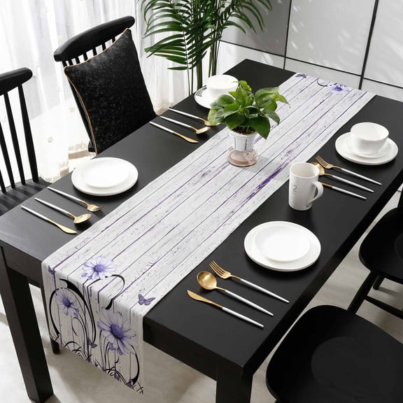 Purple Daisy Cotton Linen Table Runner 13 x 70 inch Country Botanical Floral Butterfly Wooden Non-slip Rectangular Dining Table Decor for Wedding Party Holiday Dinner