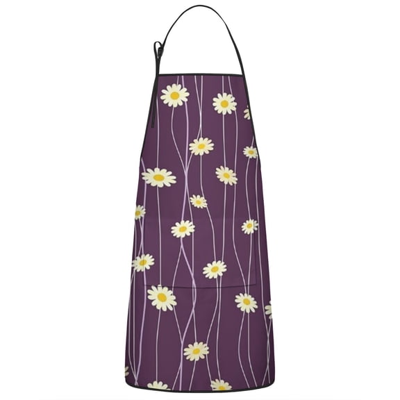 Purple Daisy Flower Wavy Lines Pattern Apron-Garden Aprons for Women with Pockets-Cotton Linen Waterproof Kitchen Cooking Gardening Aprons Adjustable for Kitchen,Cooking,BBQ and Salon 33x27 Inch