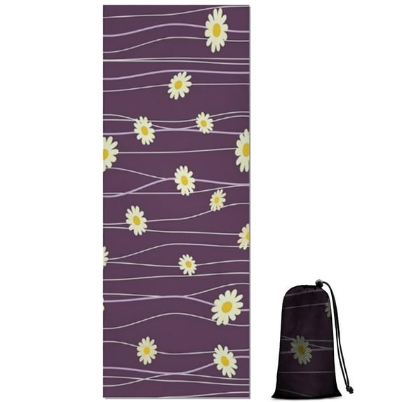 Purple Daisy Flower Wavy Lines Pattern Hot Yoga Mat Towel Non Slip for Hot Yoga - Quick-Drying Yoga Mat Cover with 4 Corner Pockets with Travel Bag - Hot Yoga Towel Non Slip 74"x26"