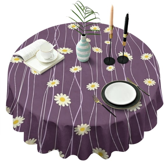 Purple Daisy Flower Wavy Lines Pattern Round Tablecloth 60"x60",Wrinkle Wipeable Table Cloth for Kitchen Dining Room Picnic Patio Party