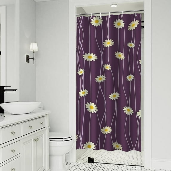 Purple Daisy Flower Wavy Lines Pattern Shower Curtain 36"x72" ,Bathroom Decorative Shower Curtains Set with 12 Hooks,Modern Waterproof Washable Shower Curtain