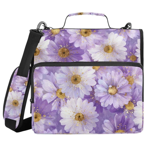 Purple Daisy Flowers Binder Bag with Shoulder Strap 3 Ring Zipper Binder File Folder Document Storage