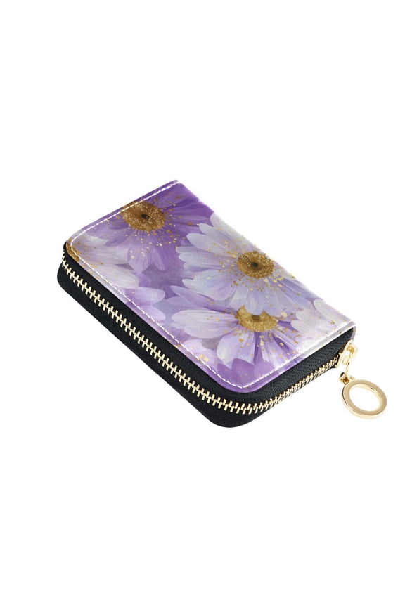 Purple Daisy Flowers Women's Credit Card Holder PU Leather Zipper Wallet RFID Blocking
