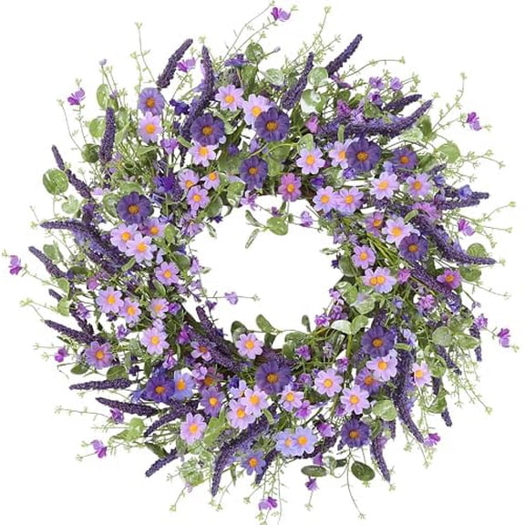 Purple Daisy Wreath 24 Inch Spring Summer Wreath with Fake Silk Floral Green Eucalyptus Leaves and Lavender for Front Door Window Wall Wedding Farmhouse Festival Decor