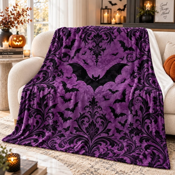 Purple Damask Bat Throw Blanket with Ornate Baroque Pattern, Flannel Halloween Blanket for Couch, Sofa, Bed, Reading Nook and Seasonal Accent, 30 x 40 in
