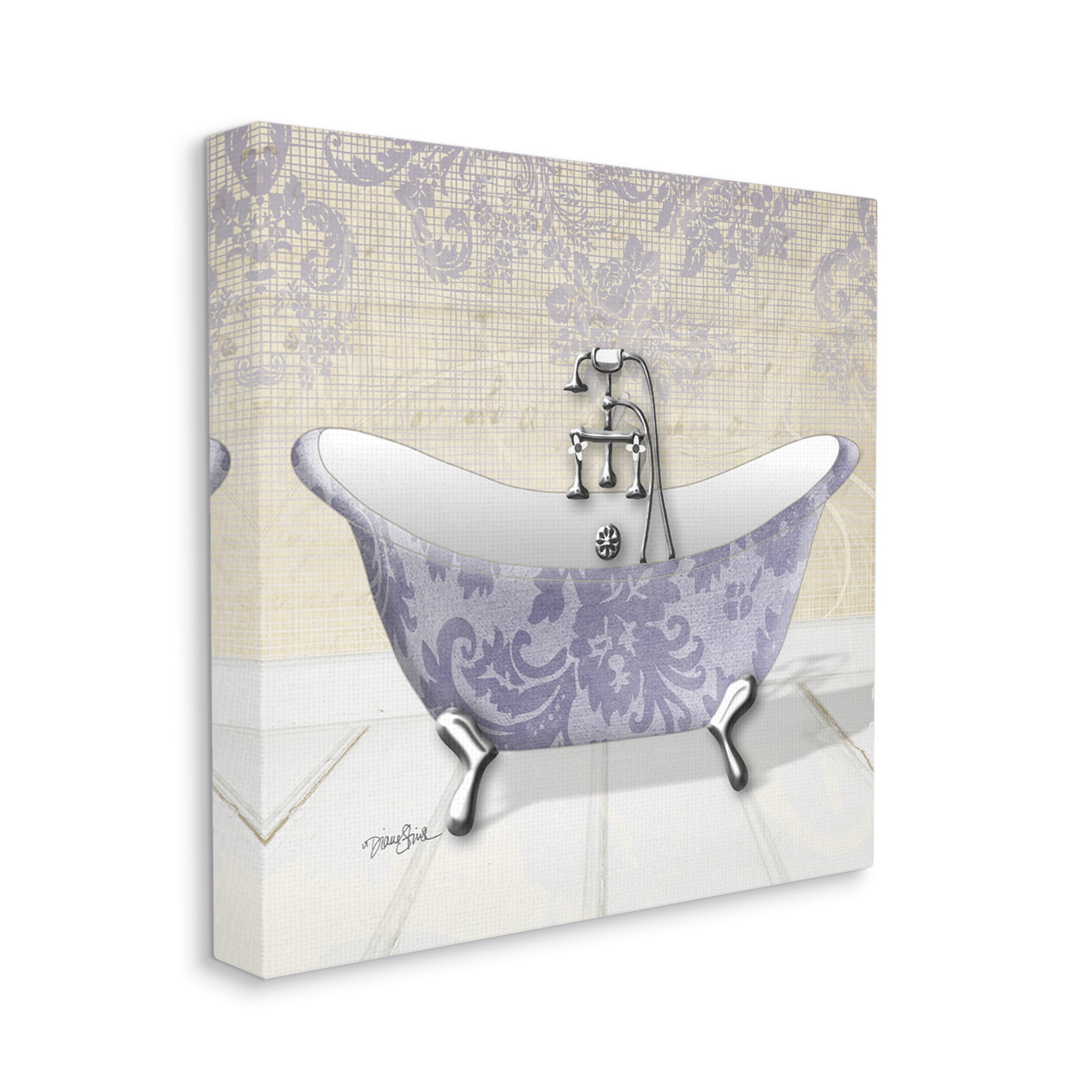 Purple Damask Claw Foot Tub Bathroom Typography Gallery-Wrapped Canvas Print Wall Art, 17x17
