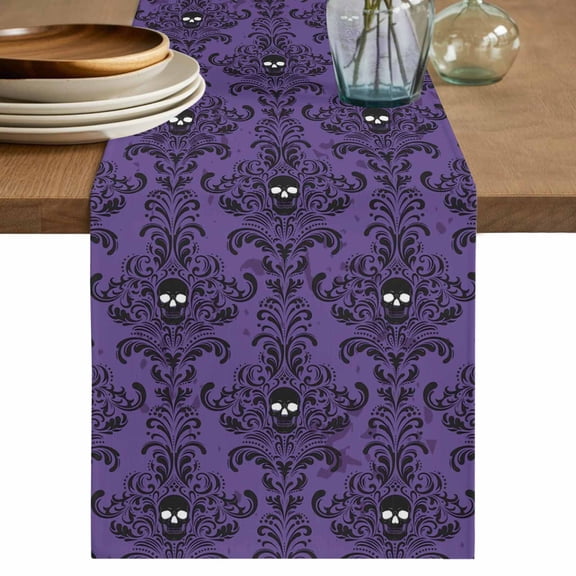 Purple Damask Table Runner, Skulls Spooky Halloween Haunted Horror Cotton Linen Kitchen Table Decoration Washable Dining Tabletop Runners for Home Party Decor 18x72 Inches