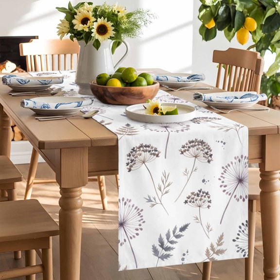 Purple Dandelion Table Runner, Brown Leaves Country Watercolor Plant Modern Washable Kitchen Table Runners Dress Scarves for Dining Table Decorations Party/Restaurant/Indoor Outdoor Use, 13x108in