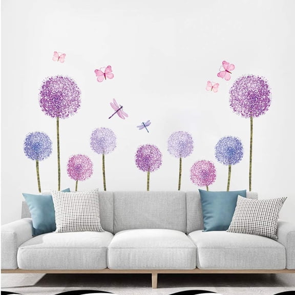 Purple Dandelions Wall Stickers Butterflies Flower Wall Decals Wall Art Decor for Girls Bedroom Living Room