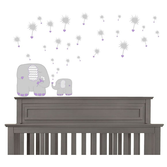 Purple Dandelions and Elephant Wall Decals / Elephant Nursery Wall Decor