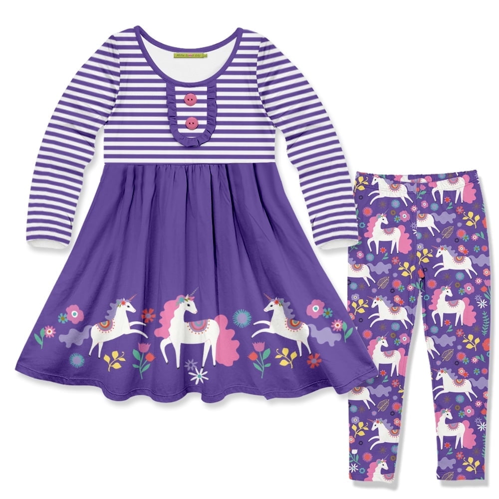 Millie Loves Lily Girls Purple Darling Unicorn Button-Accent A-Line Dress & Leggings  Set, Big Girls, Size 4(2-PCS)