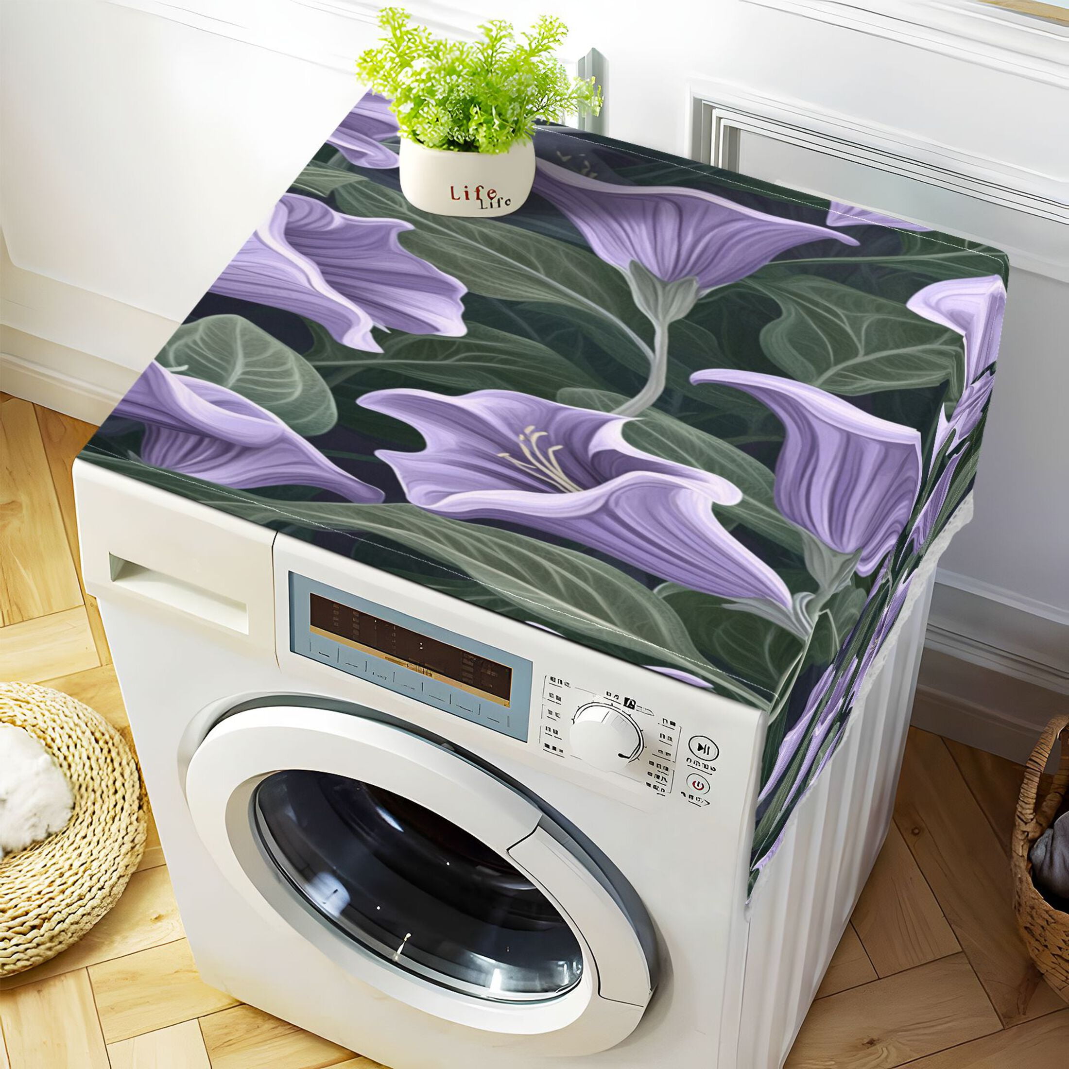 Purple Datura StramoniumWasher and Dryer Covers Dust-Proof and Oil Resistant Fridge Cover with 4 Storage Pockets Washing Machine Top Cover for Laundry Kitchen Home 51.2 x 22 In