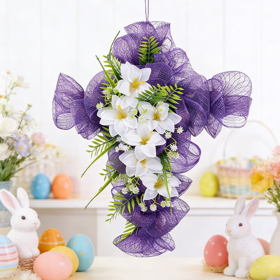 Purple Deco Mesh Cross Wreath, Religious Easter & Spring Front Door Decor, with White Lilies, for Home, Church, Porch, and Holiday Displays, Festive Seasonal Accent for Christian Celebrations