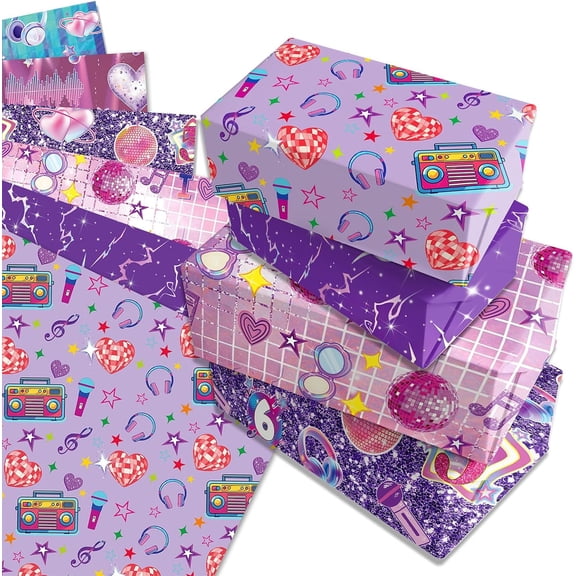 Purple Demon Theme Party Wrapping Paper Patterned Design Purple Music Themed Gift Wrap for Girls, Birthday Party Holiday Gift Wrapping Supplies, 6 Designs, 2720 Inch