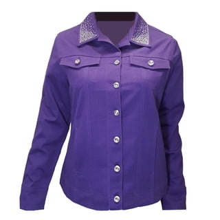 Women's Purple Rhinestone Denim Jacket, Stretch, Long Sleeve, Button Front, Size 1X