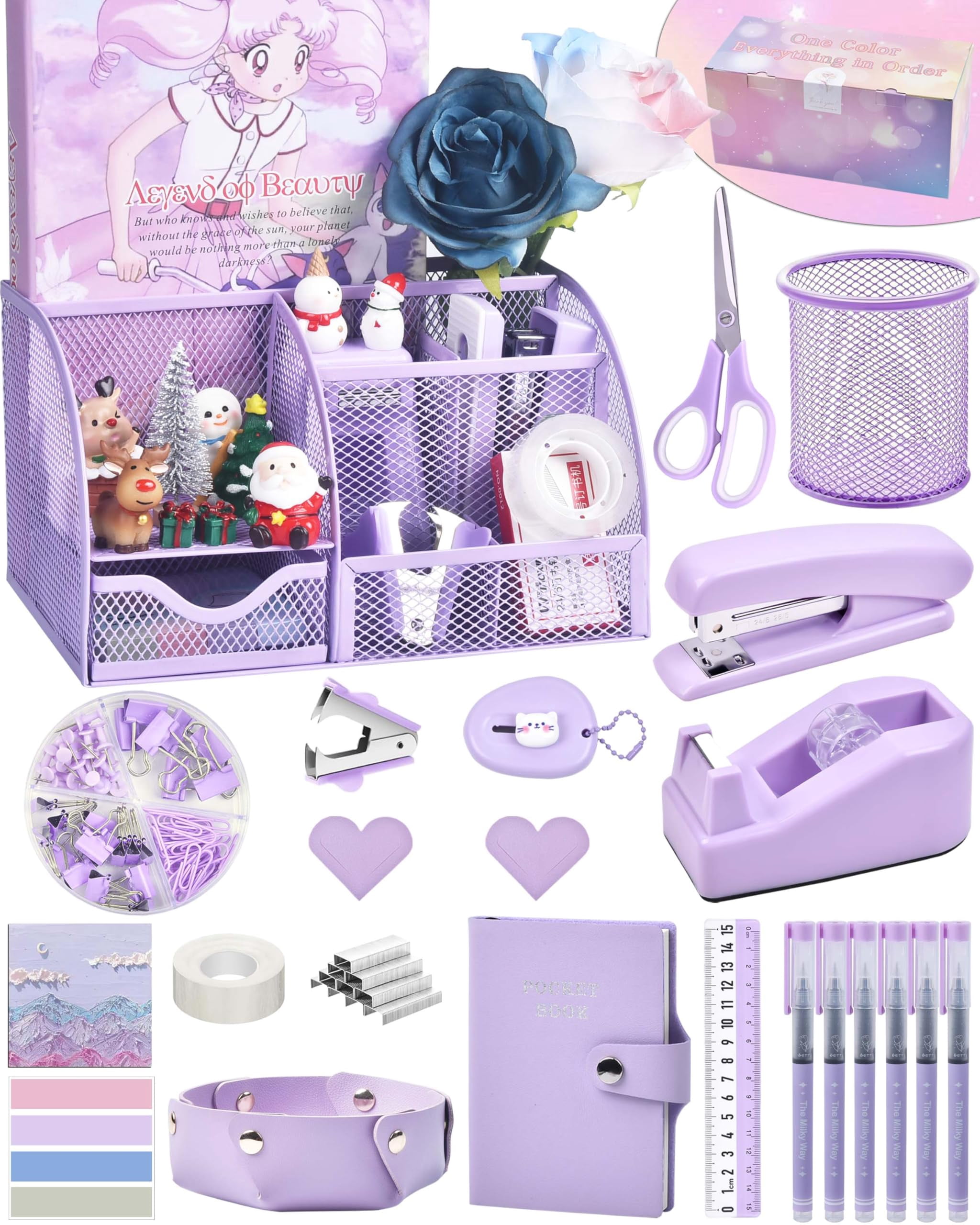 Purple Desk Accessories  26pcs Office Supplies And Organizers With Tape Dispenser Stapler Staple Remover Ect Gift Box Packaging