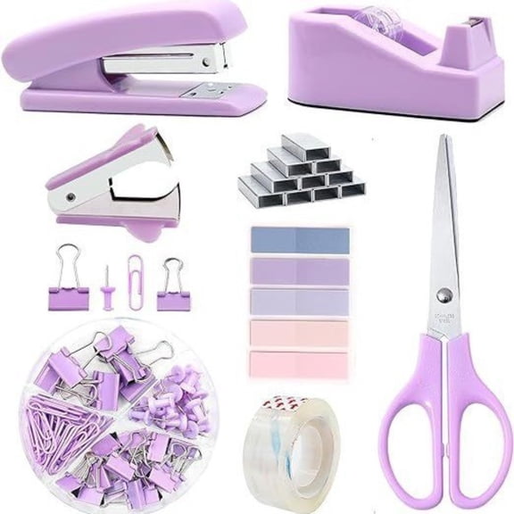Purple Desk Accessories 8 Pcs, Stapler, Staple Remover, Staples, Tape Dispenser, Tape, Clips Set, Scissor, Sticky Note, Purple Office Supplies