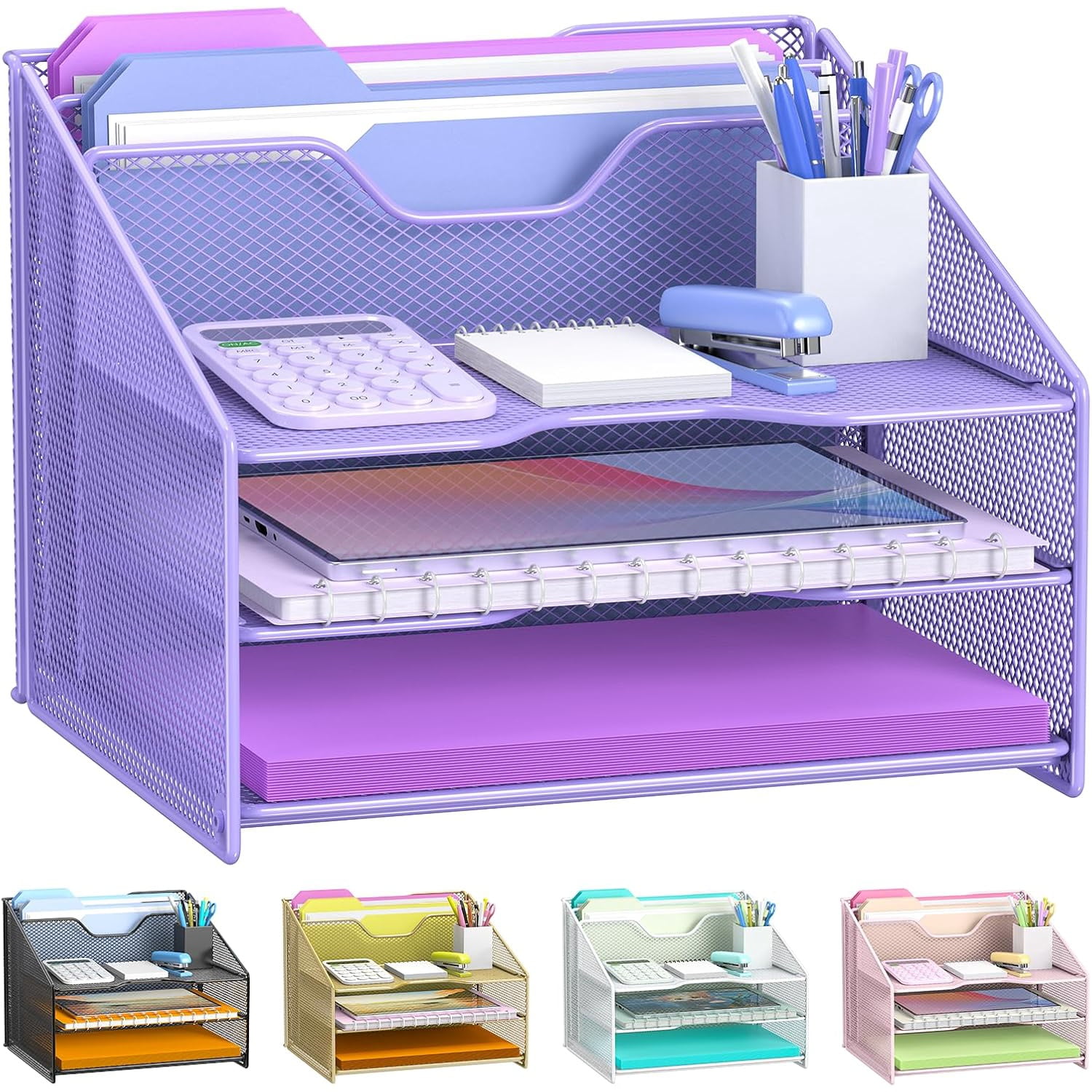 Purple Desk File Organizer, Mesh Letter File Folder Holder with 3 Paper Trays and 2 Vertical Upright Section, for Office Supplies, Desk Accessories & Workspace, Purple