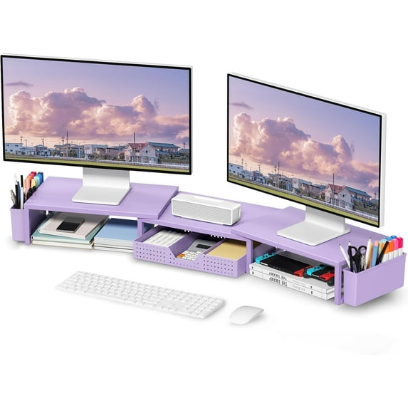 Purple Desk Organizers and Accessories, Dual Computer Monitor Stand Riser with Drawer and 2 Pen Holders, Office Desk Accessories, Workspace Desktop Organization for Office Supplies