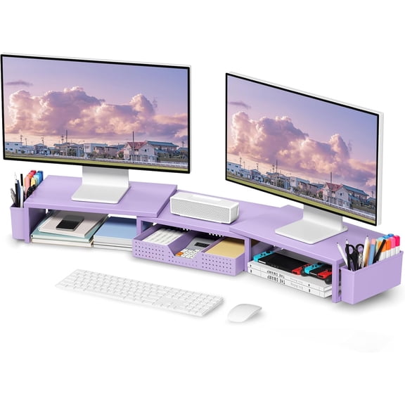 Purple Desk Organizers and Accessories, Dual Computer Monitor Stand Riser with Drawer and 2 Pen Holders, Office Desk Accessories, Workspace Desktop Organization for Office Supplies