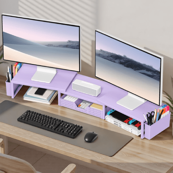 Purple Desk Organizers and Accessories, Dual Computer Monitor Stand Riser with Drawer and 2 Pen Holders, Office Desk Accessories, Workspace Desktop Organization for Office Supplies