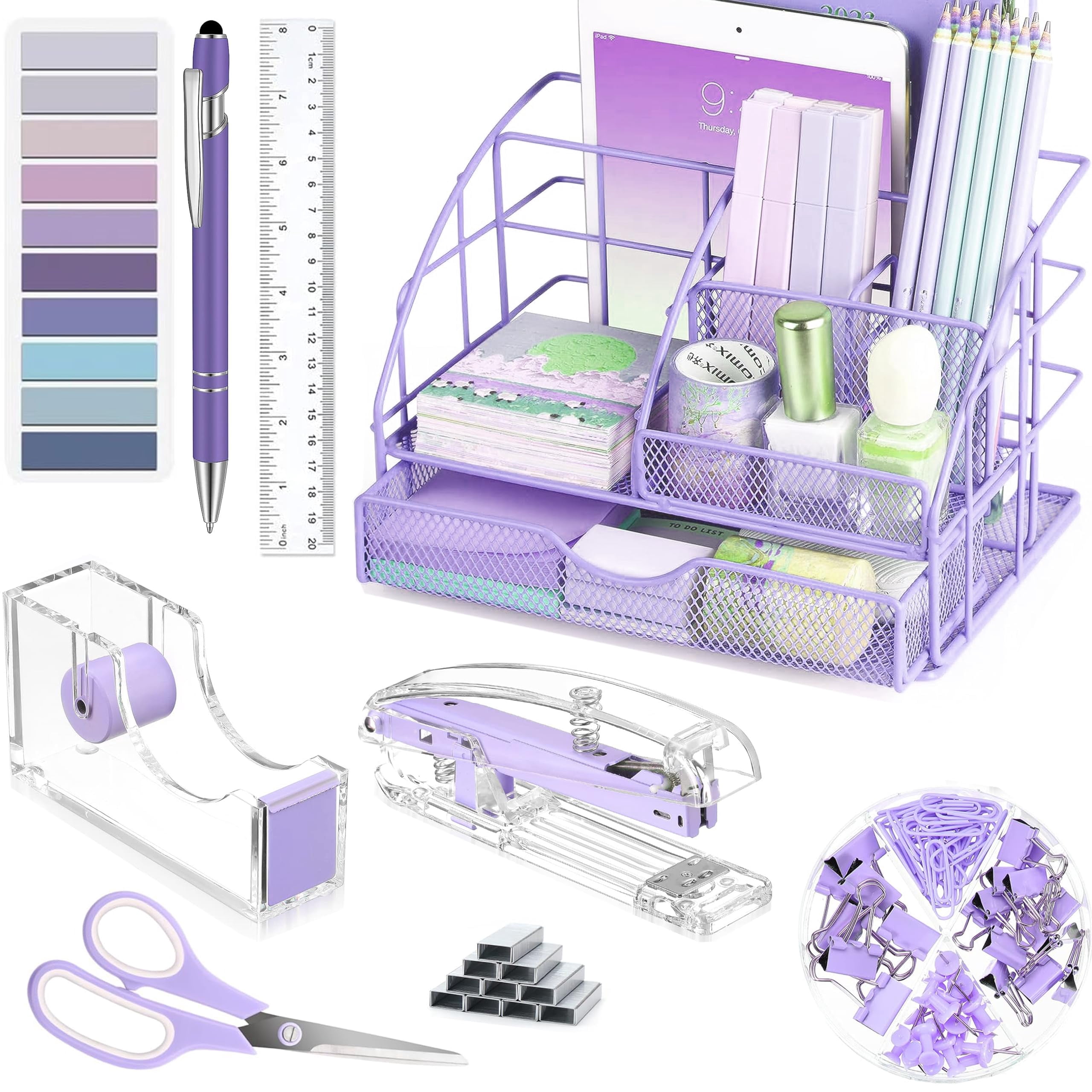 Purple Desk Organizers And Accessories  Office Supplies With Mesh Organizer Tape Dispenser Stapler Staples Ballpoint Pen Clips Set Ruler Scissor Sticky Labels