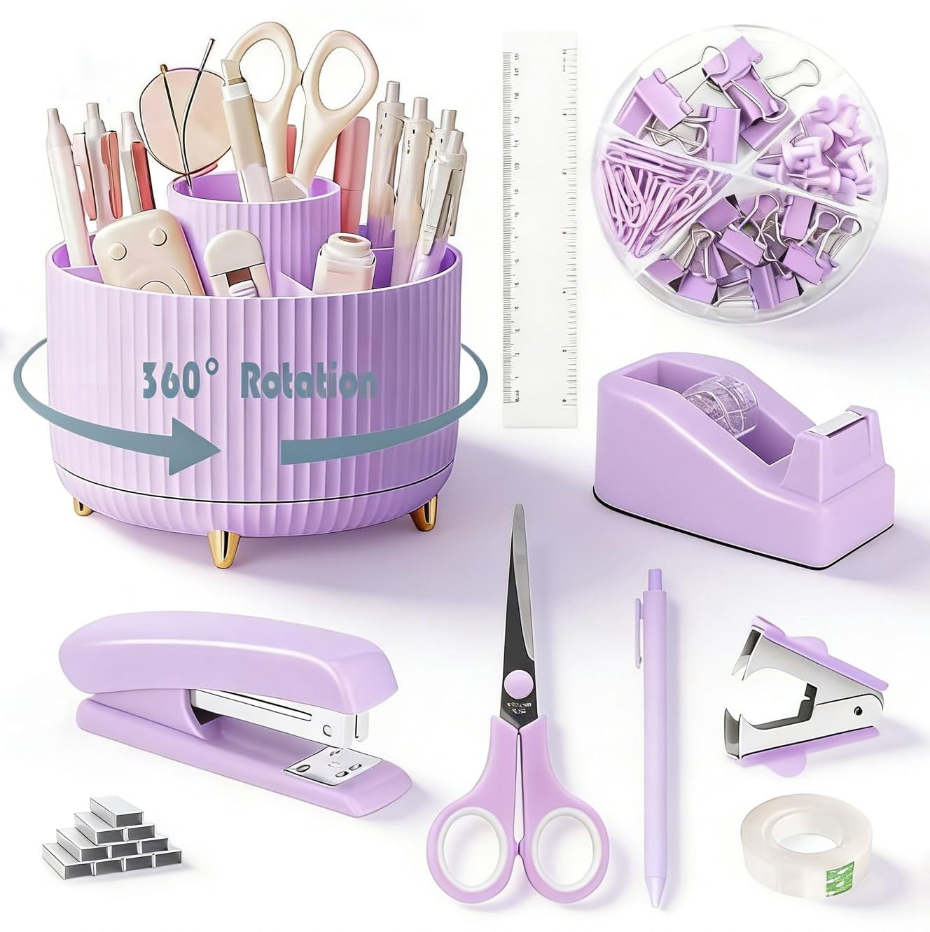 Purple Desk Organizers And Accessories Set With 360-degree Rotating Pen Holder  Tape Dispenser Stapler Staple Remover 1000 Staples Clips Ruler Scissor