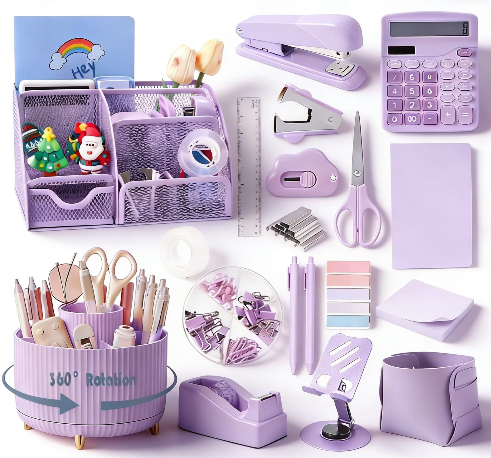 Purple Desk Organizers And Accessories With Organizer 360° Rotating Pen Holder Office Supplies  Cute Stationery Set