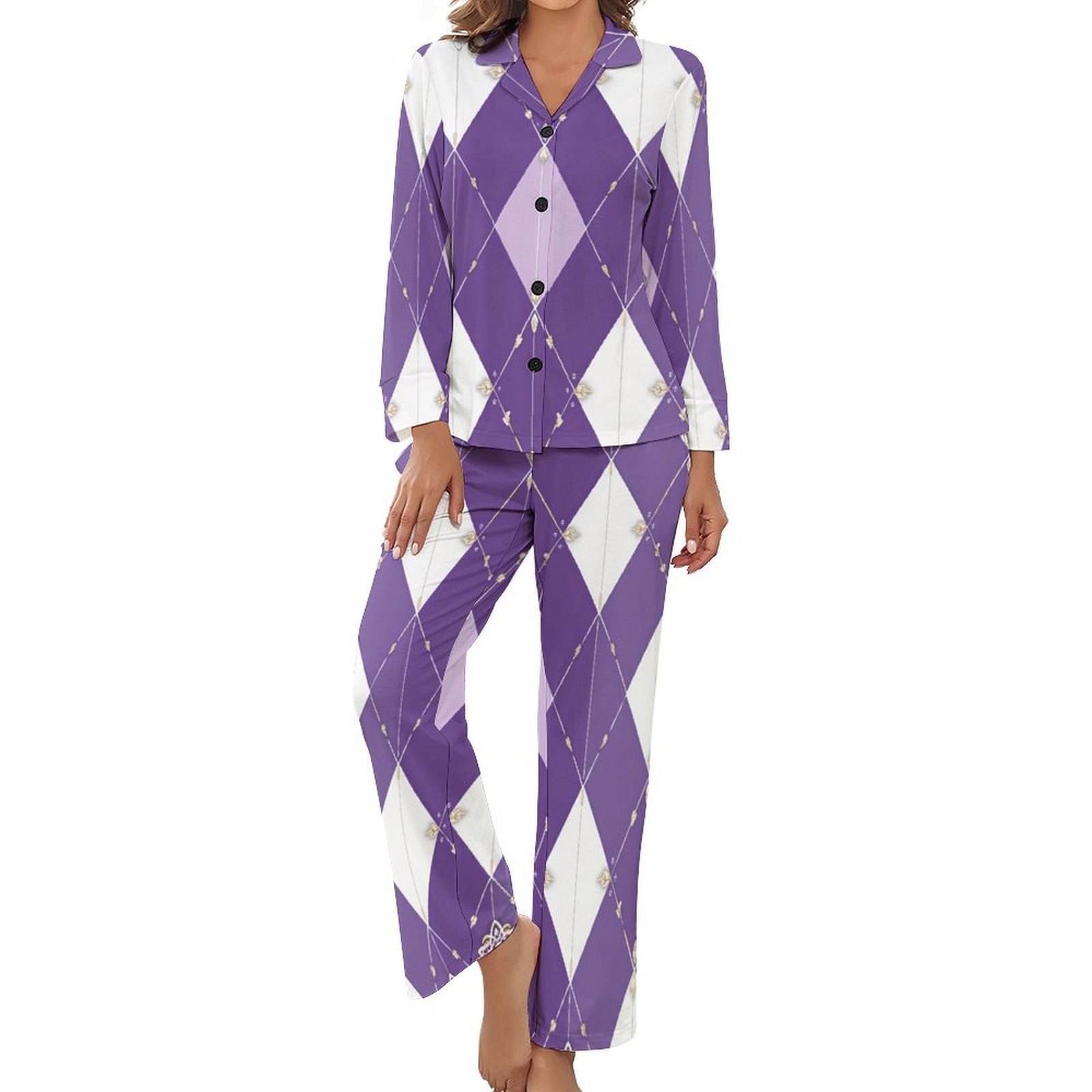 Purple Diamond Grid Color Pajamas Woman Vintage Pajamas Set 2 Piece ...