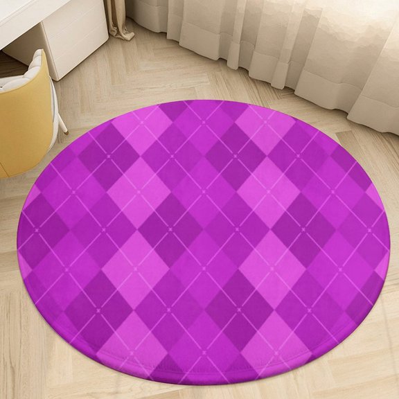 Purple Diamond Grid Color Round Area Rugs for Bedroom Living Room, 4FT Soft Indoor Circle Carpets, Carpet Home Decor Floor Mat