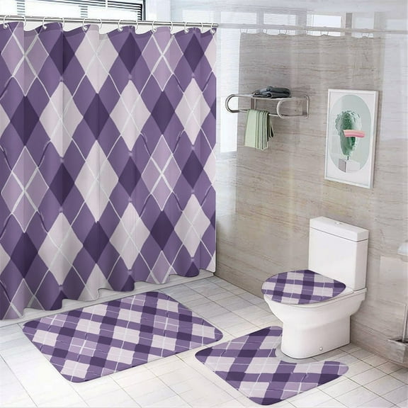 Purple Diamond Grid Color Shower Curtain Bathroom Sets Toilet Lid Rug, Rugs Mat Bath Mat And Contour Mat, Shower Curtain 4Pcs
