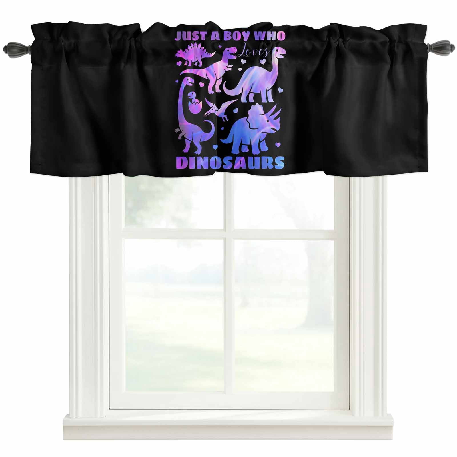 Purple Dinosaur Farmhouse Short Window Curtain Valances, JUST A Boy Who Loves Dinosaur Jungle Animals Rod Pocket Kitchen Valances for Living Room Bedroom Bathroom Cafe 60" x 18"