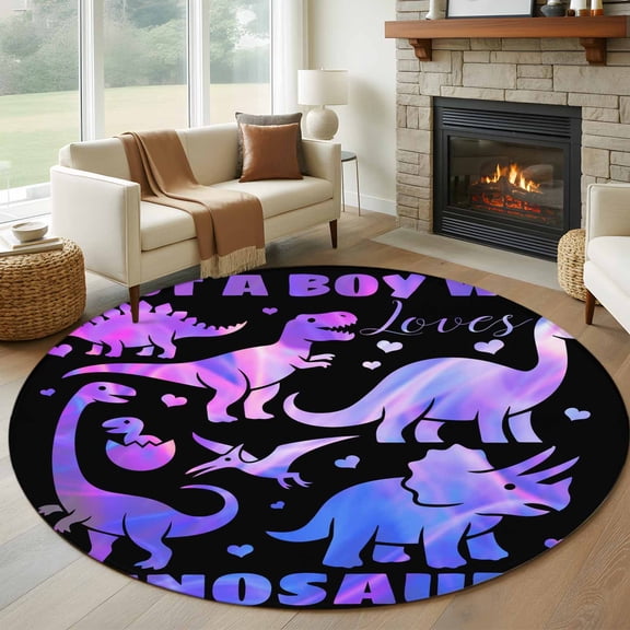 Purple Dinosaur Round Area Rug 6Ft Washable Circle Rugs for Bathroom Office, JUST A Boy Who Loves Dinosaur Jungle Animals Non-Slip Carpet Floor Mats Indoor Outdoor Carpet Runner Aesthetic Home Decor
