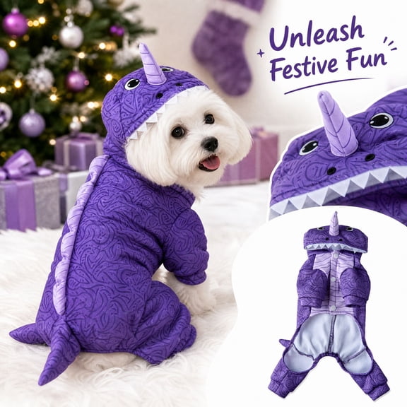 Purple Dinosaur for Dogs with Hooded Design and Button-Up Front, 1-Pack, Soft Fleece Onesie for Small Dogs and Cats