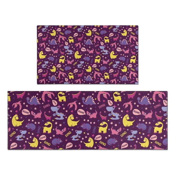 Purple Dinosaurs Dino Roar Pattern Kitchen Rugs Sets Of 2,Anti Fatigue Kitchen Mat Rugs Non Slip Washable,Decorative Kitchen Floor Mats for Kitchen,Sink,Laundry,17"x30"+17"x47"