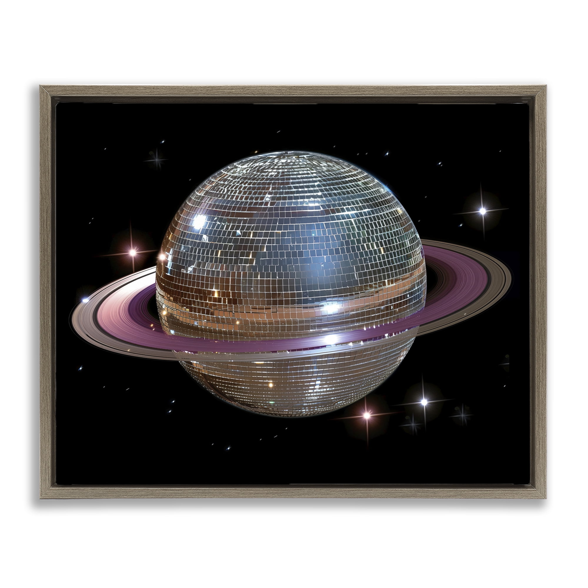 Purple Disco Ball Planet Brown Framed Floater Canvas Wall Art, design by Decent Exposures