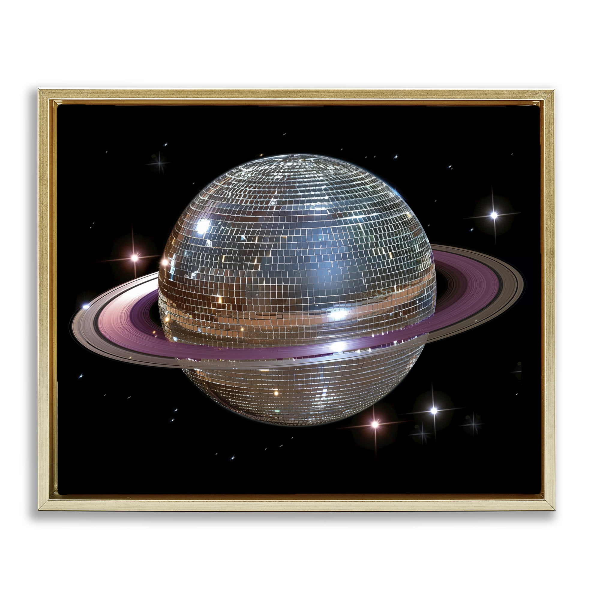 Purple Disco Ball Planet Gold Framed Floater Canvas Wall Art, design by Decent Exposures