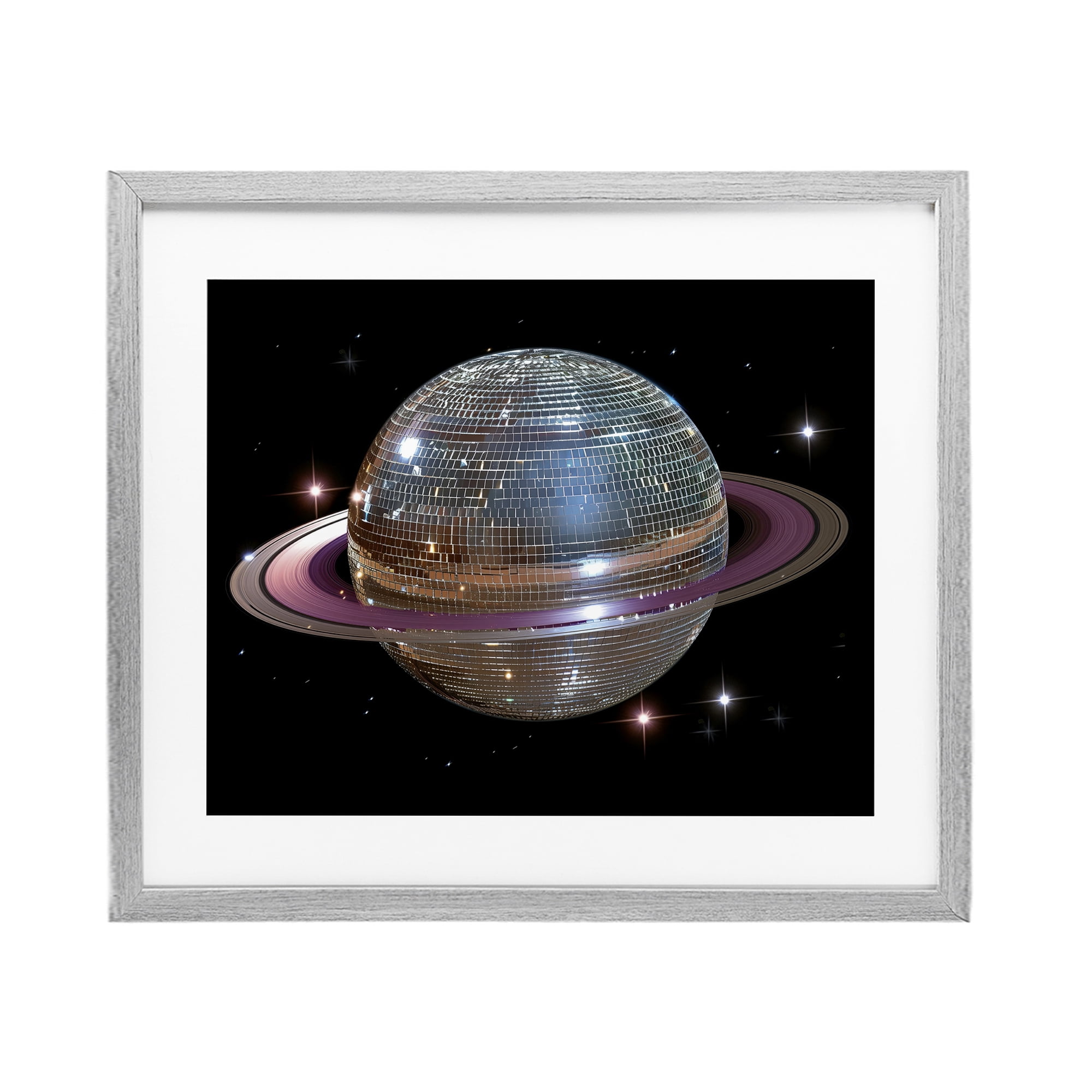 Purple Disco Ball Planet Gray Framed Print Under Glass, design by Decent Exposures