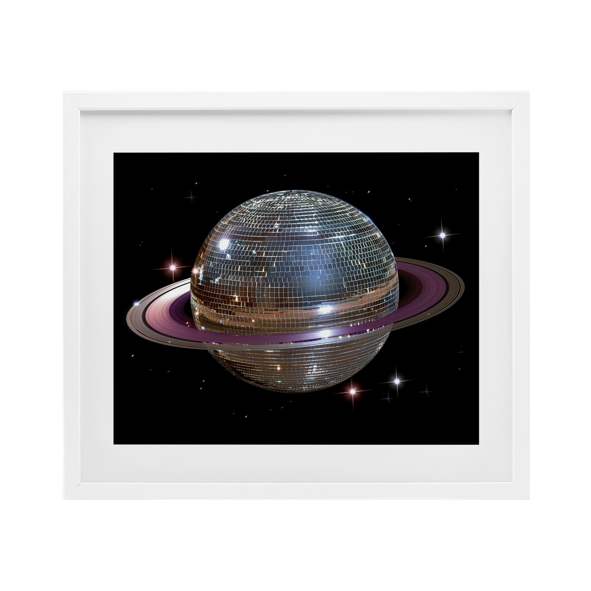 Purple Disco Ball Planet White Framed Print Under Glass, design by Decent Exposures