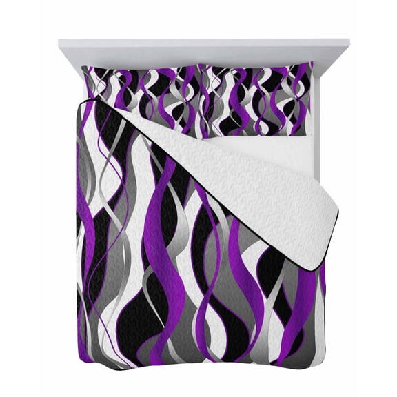 Purple Distortion Stripe 3 Piece Quilt Set King Size, Wave White Black Abstract Texture Soft Bedspread Coverlet Bedding Set Microfiber Lightweight Comforter Set with 2 Pillowcases for Bedroom
