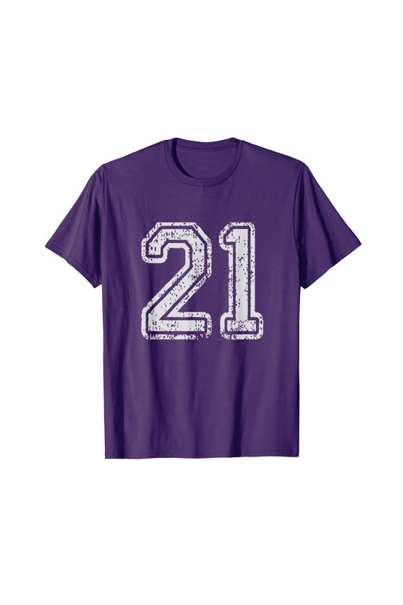 Purple Distressed Number 21 Team Jersey Uniforms T-Shirt for School Sports and 20th Birthday Celebrations